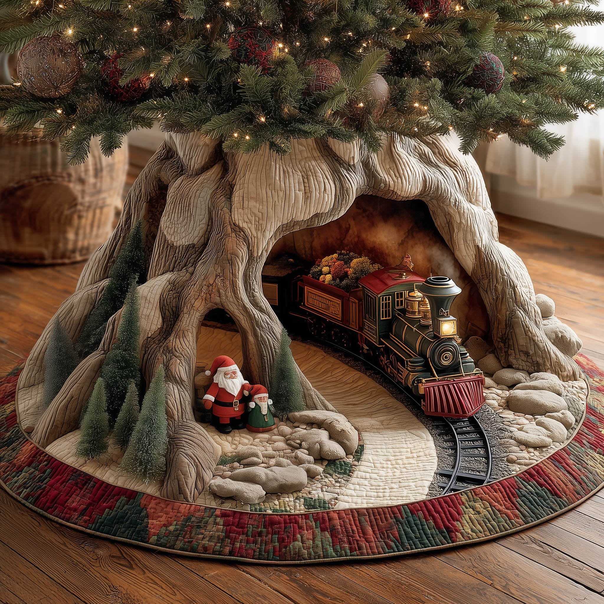 Train and Santa in the Tree Tunnel Christmas Tree Skirt