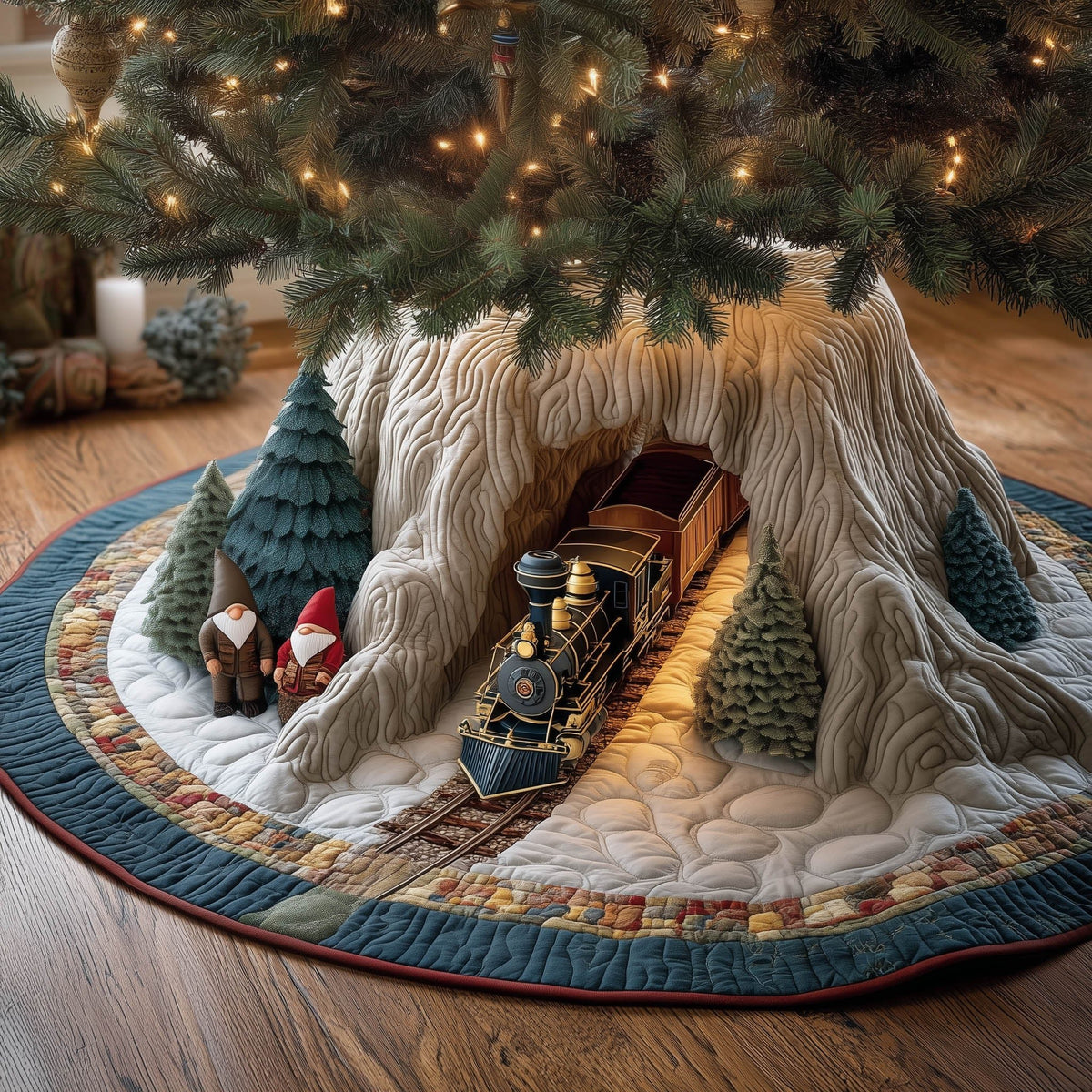 Train Passing Gnomes and Pines Christmas Tree Skirt