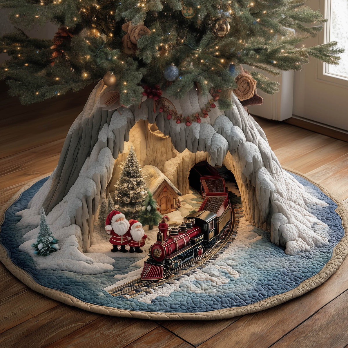Train and Santa by the Village Christmas Tree Skirt