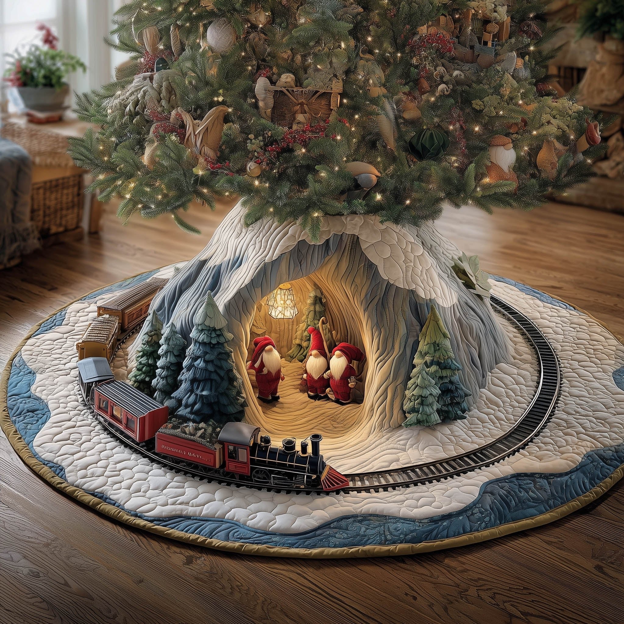 Train Circling the Elf Cave Christmas Tree Skirt