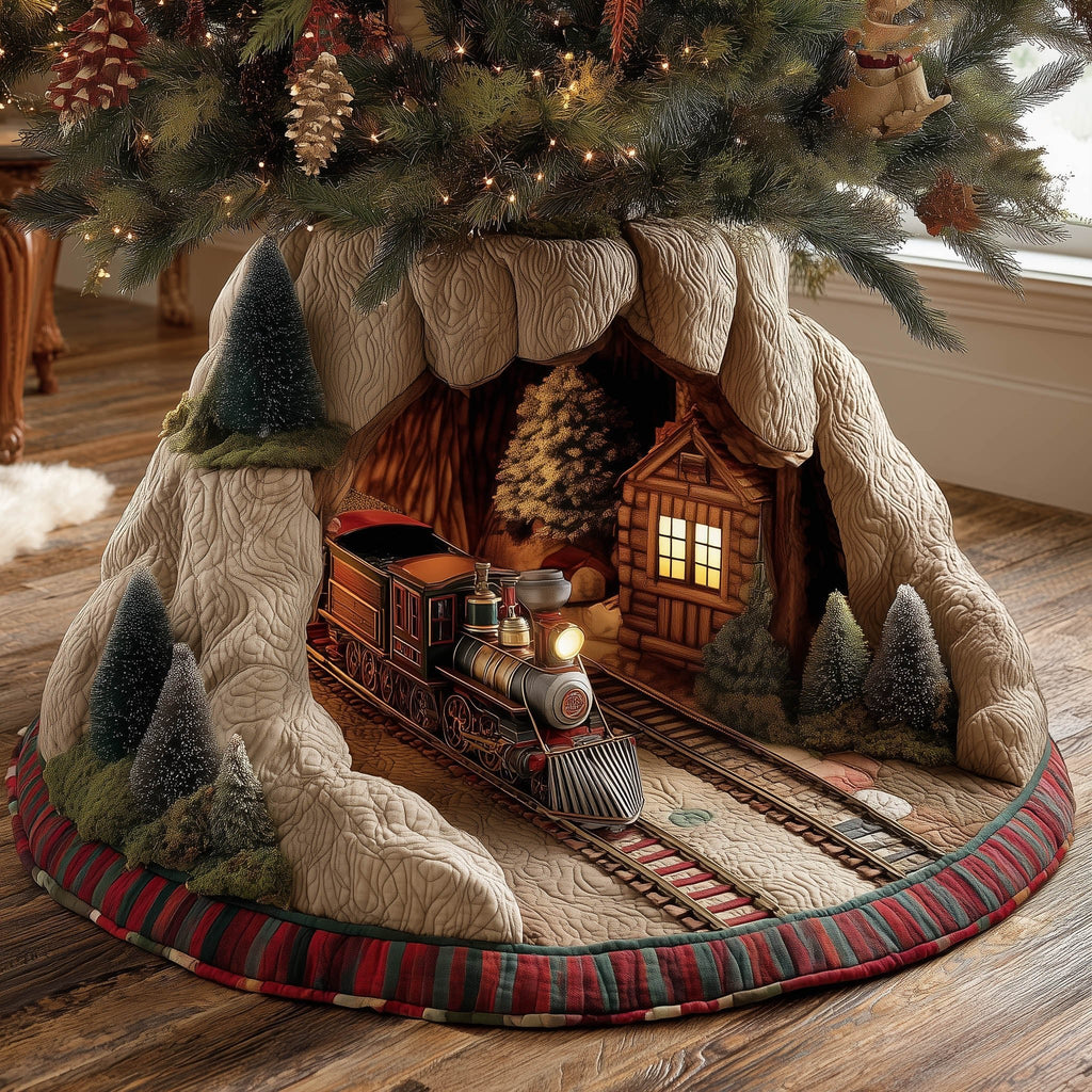 Train Through the Snowy Mountain Tunnel Christmas Tree Skirt