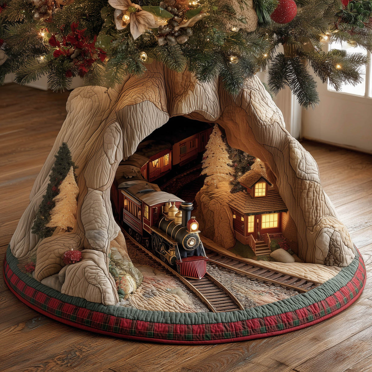 Train Passing a Snowy Cabin Christmas Tree Skirt