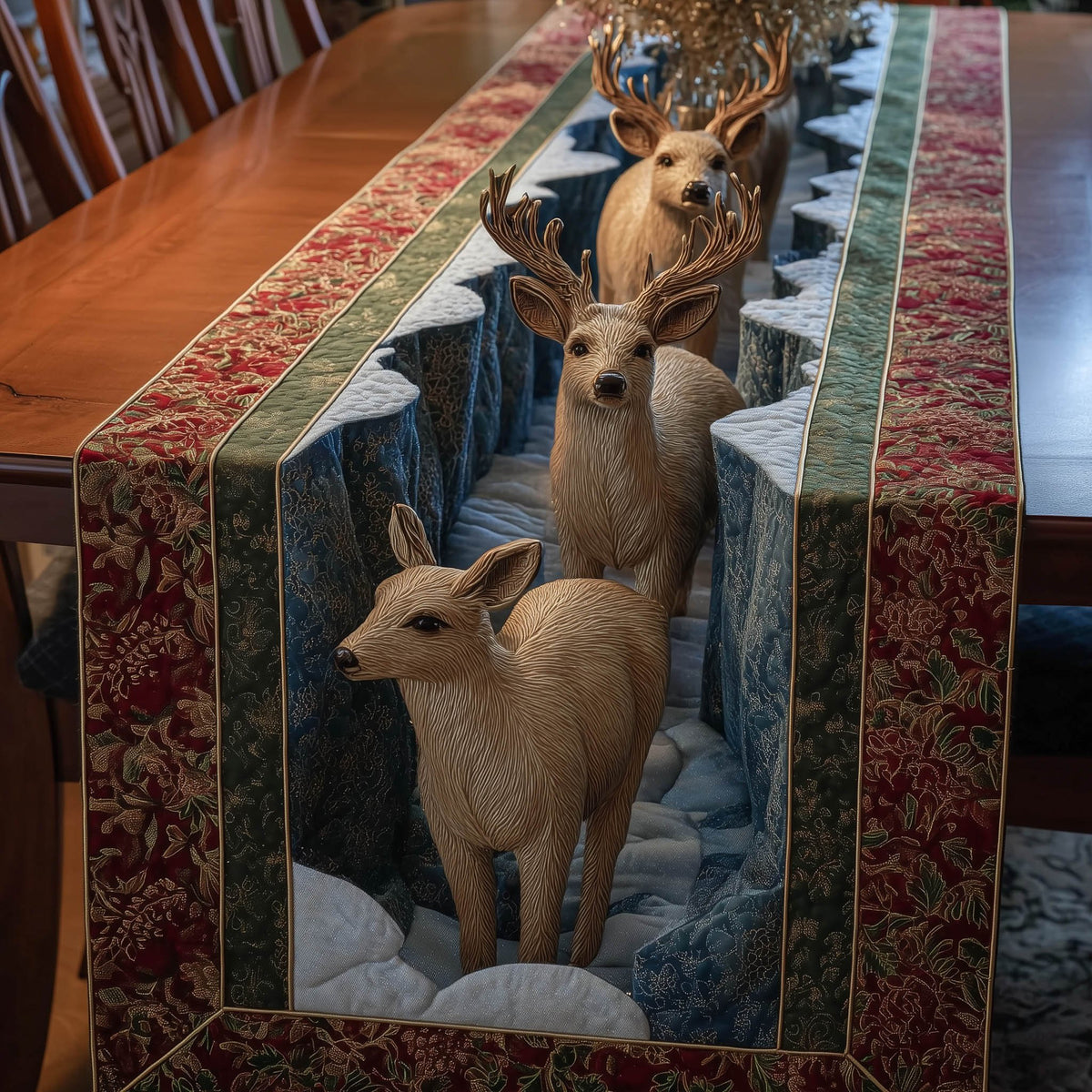 Deer on Ice with Floral Border Table Runner