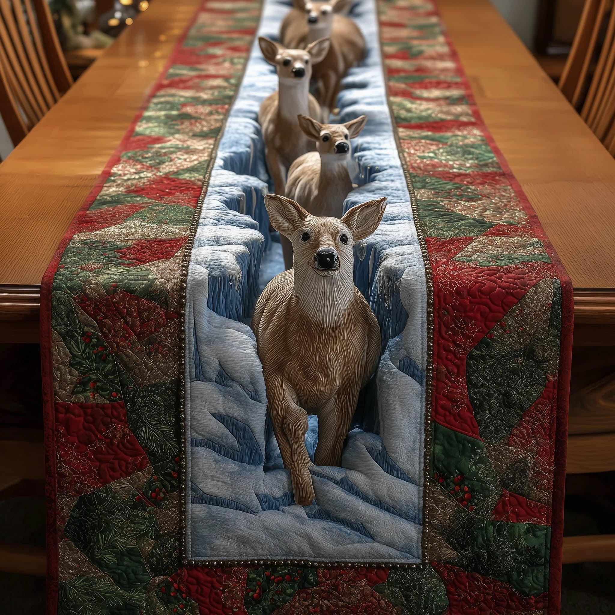 Deer Trio on Red Patchwork Border Table Runner