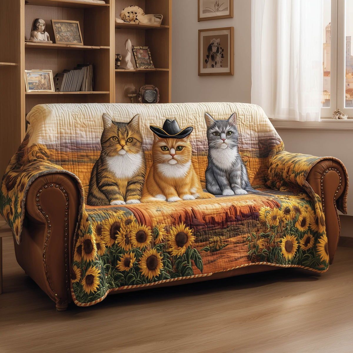 Three Cats Above the Sunflower Field Sofa Cover
