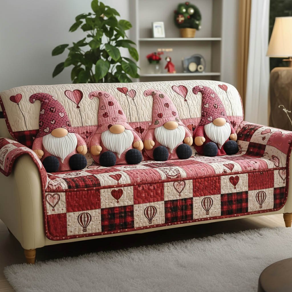 Pink Gnomes with Heart Balloons Sofa Cover