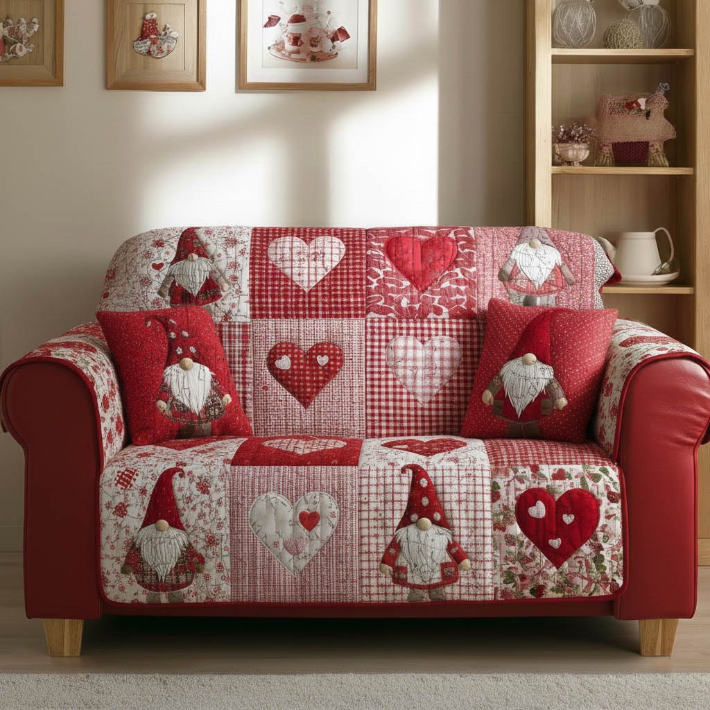 Gnomes and Hearts in Red and Cream Sofa Cover