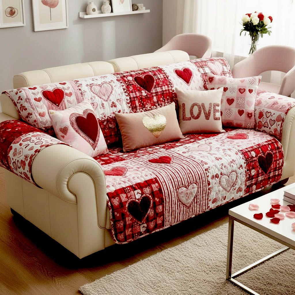 Love Pillow on Red Heart Patchwork Sofa Cover