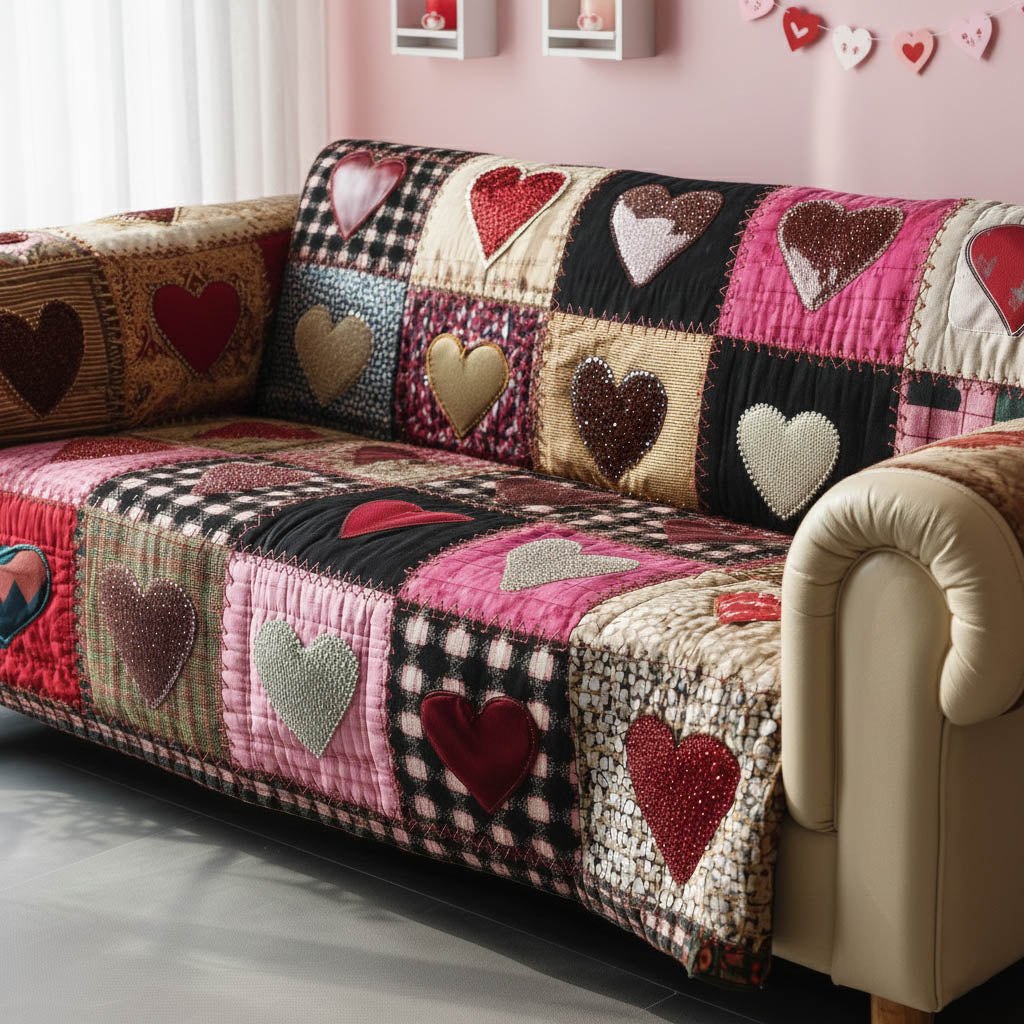 Hearts on Pink and Black Checkerboard Sofa Cover