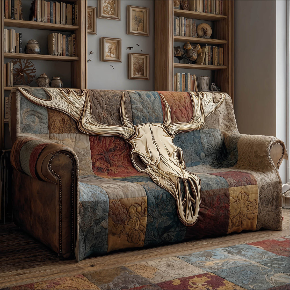 Long Horned Skull on Muted Patchwork Sofa Cover