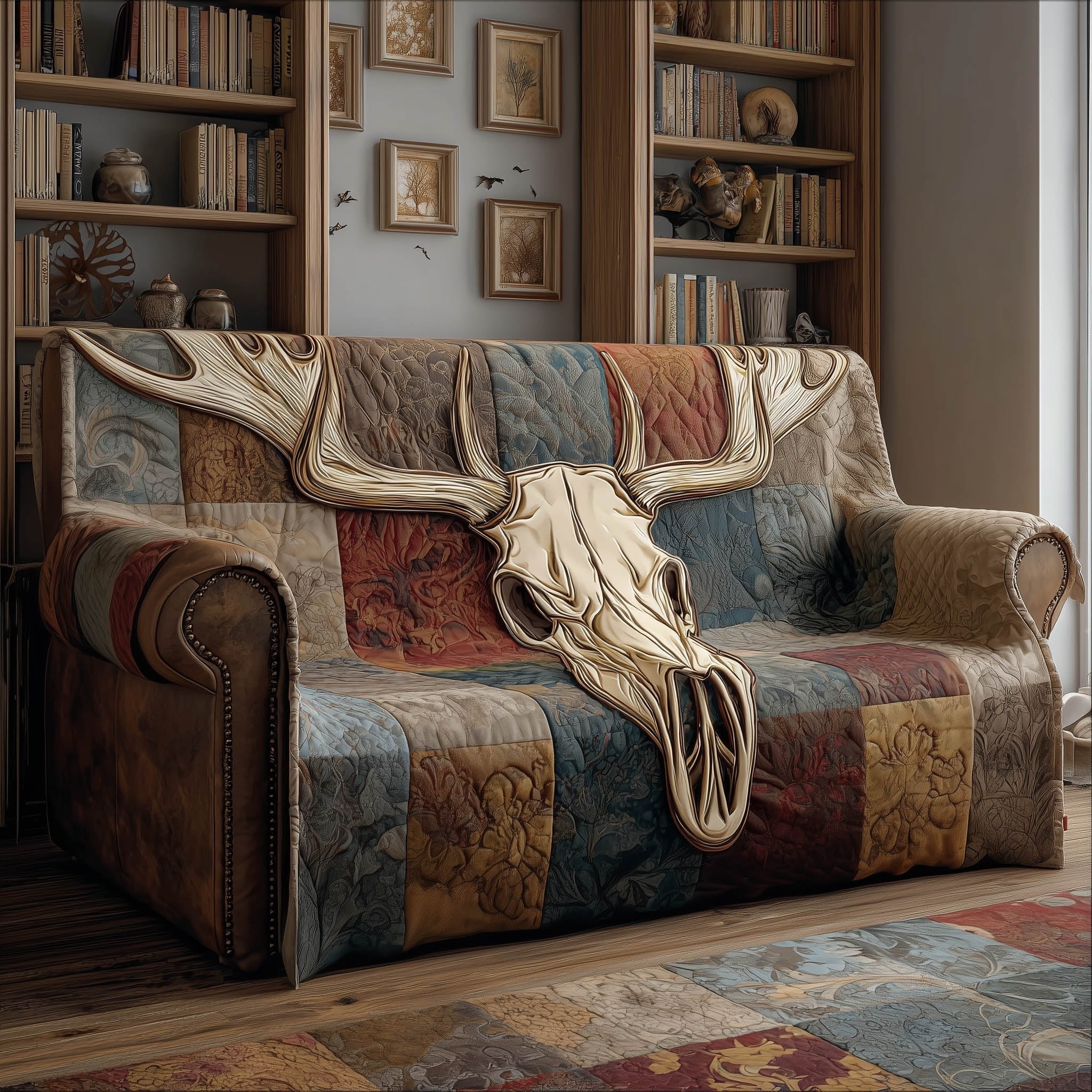 Long Horned Skull on Muted Patchwork Sofa Cover