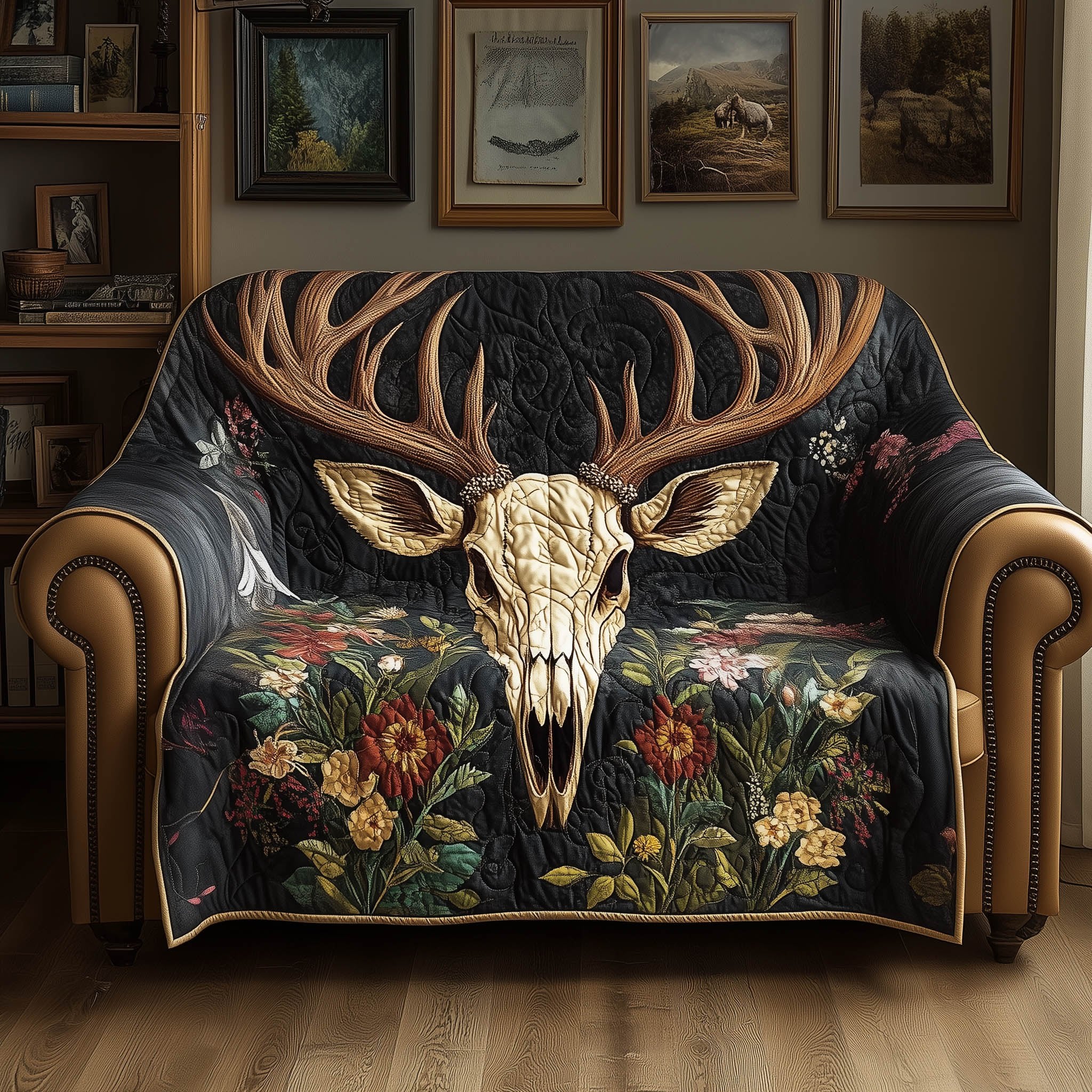 Elk Skull Above the Dark Floral Field Sofa Cover