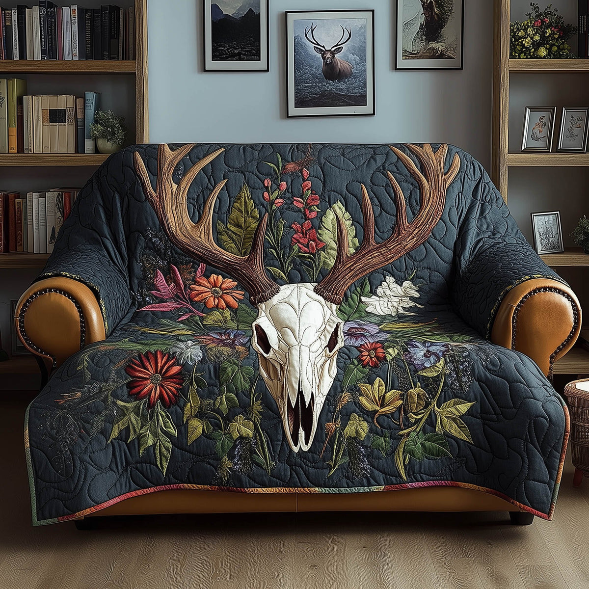 Deer Skull with Wildflowers on Navy Sofa Cover