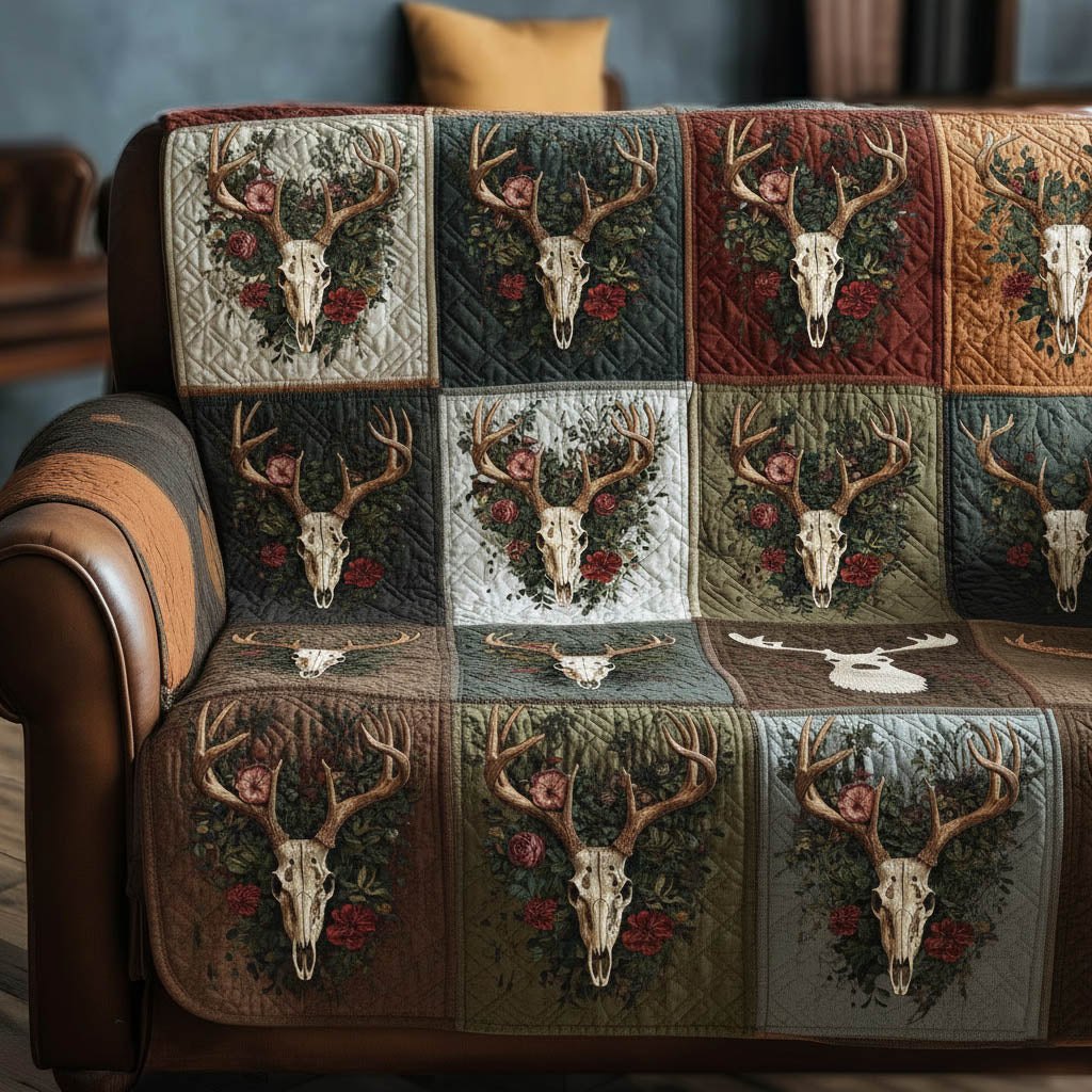 Deer Skull Panels in Green and Rust Sofa Cover
