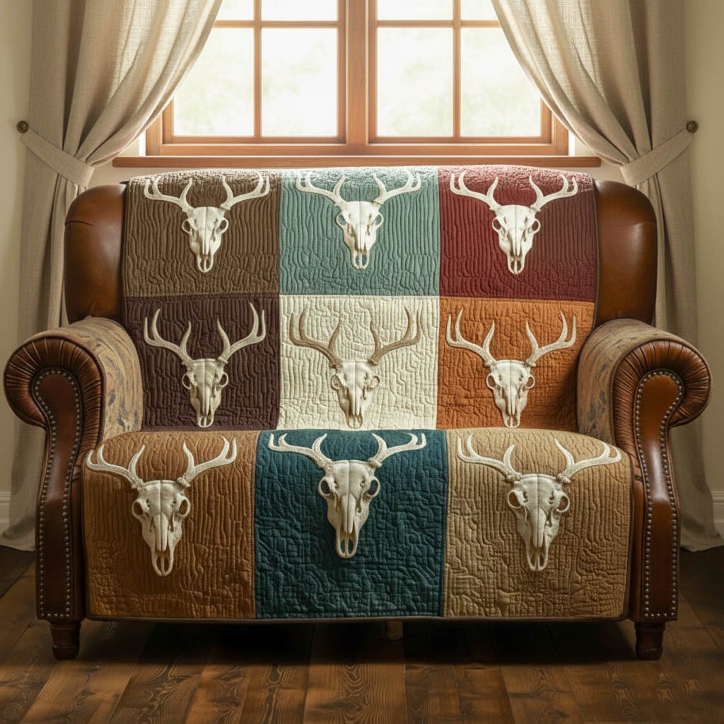 Deer Skulls on Teal and Amber Squares Sofa Cover