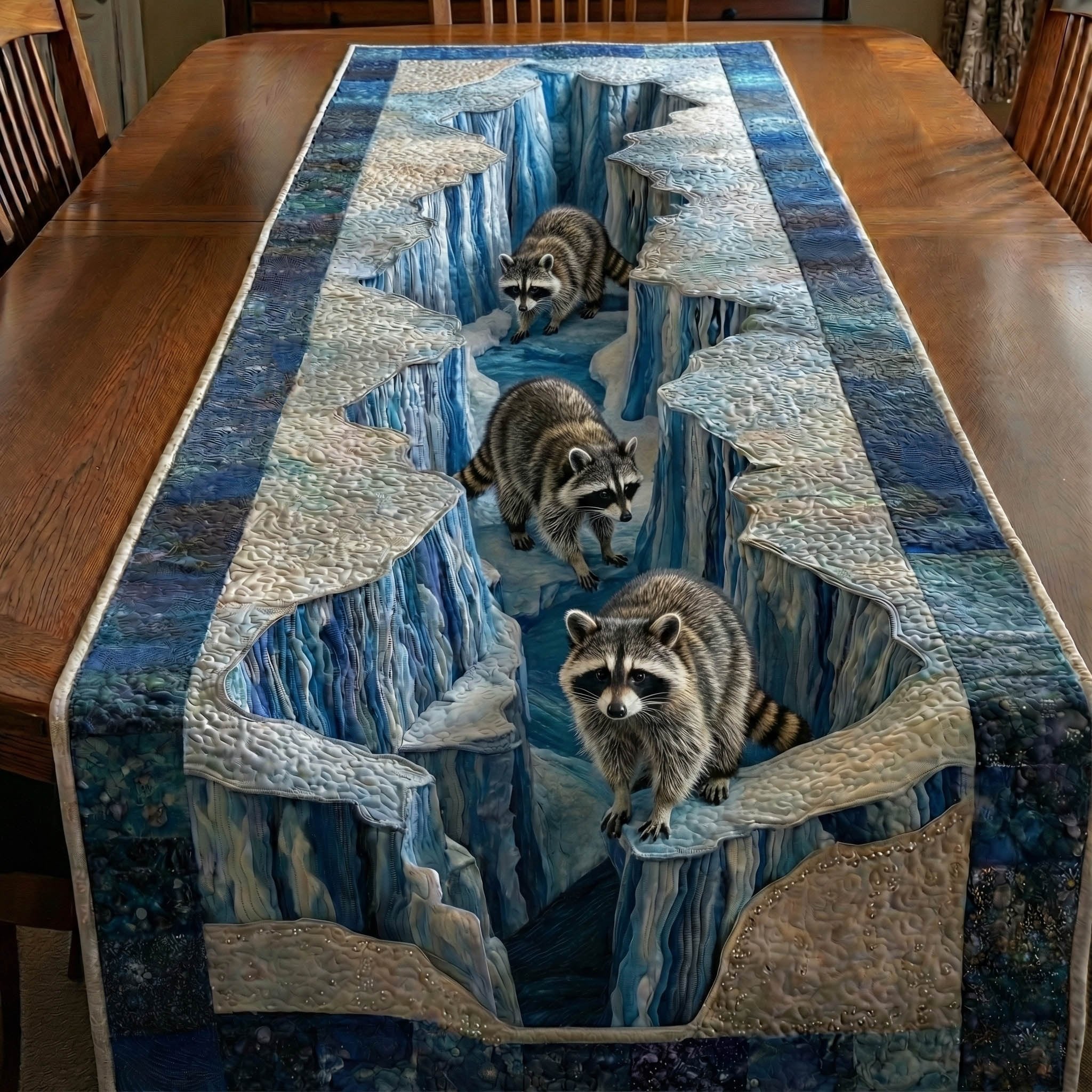 Raccoons on Blue Ice Ledge Table Runner