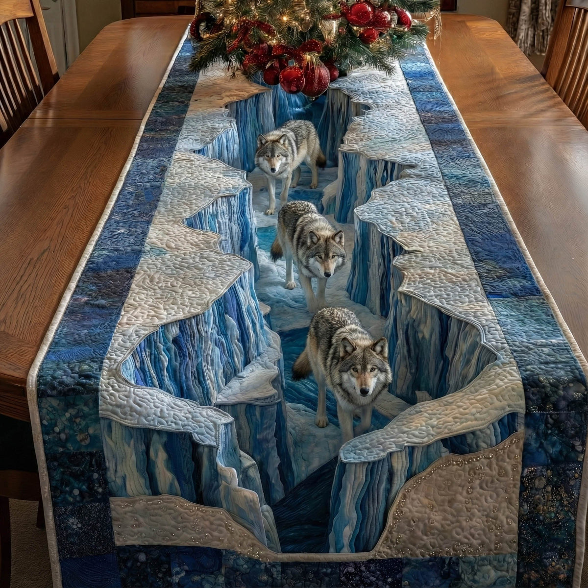 Wolves on Frozen Cliff Path Table Runner