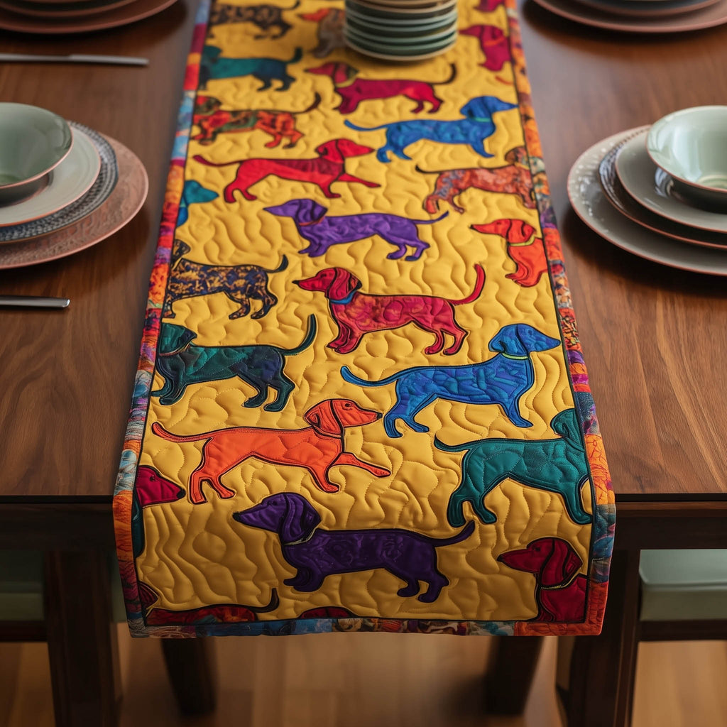 Colorful Dachshunds on Yellow Panel Table Runner