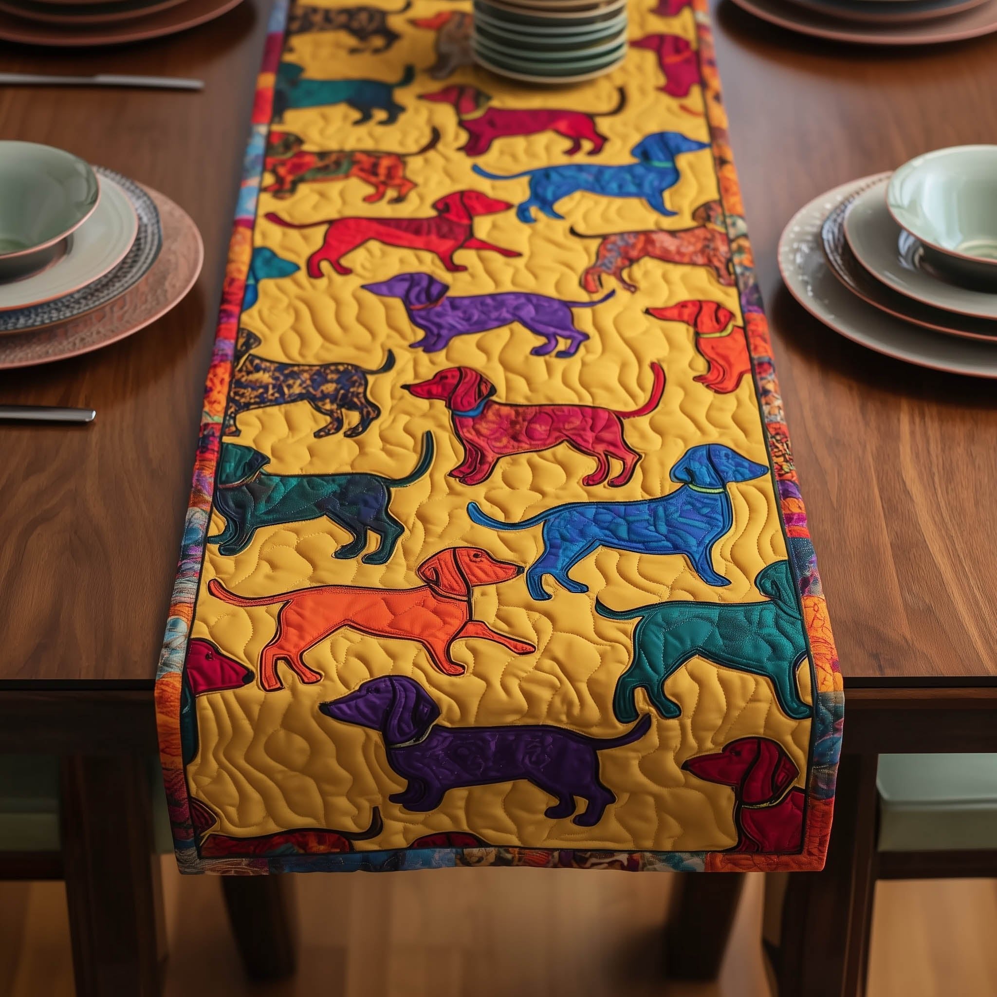 Colorful Dachshunds on Yellow Panel Table Runner