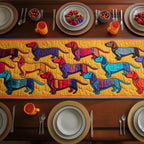 Bright Dachshunds Running on Gold Table Runner