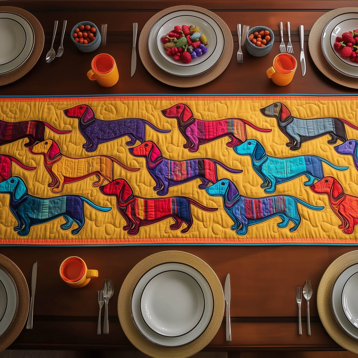 Bright Dachshunds Running on Gold Table Runner