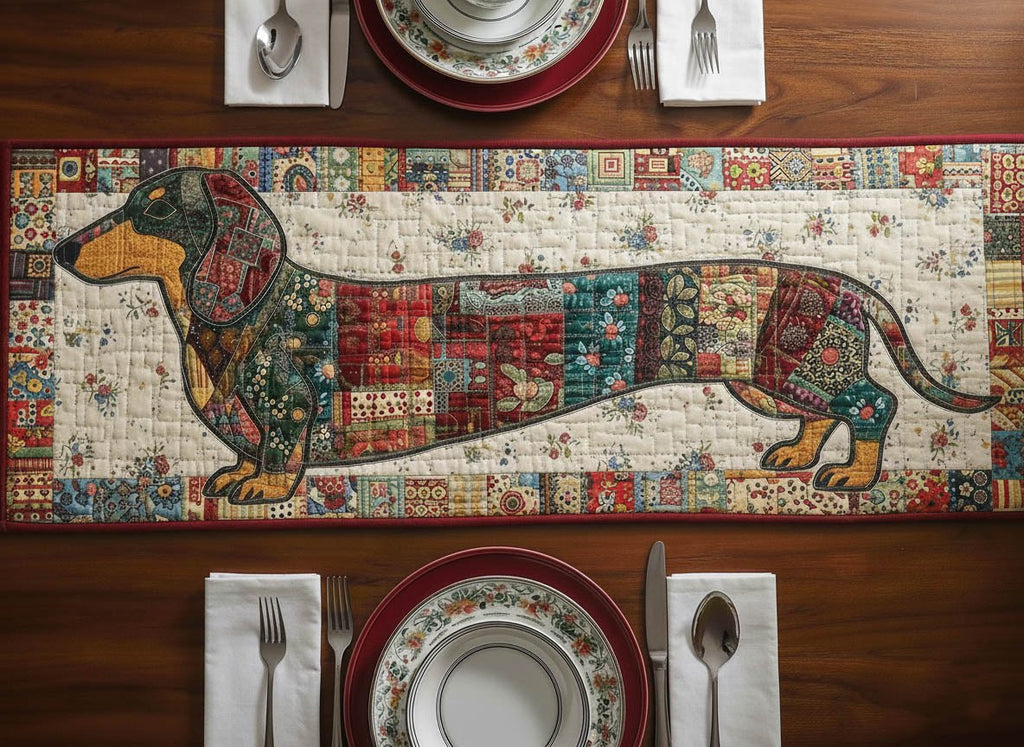 Patchwork Dachshund on Cream Table Runner