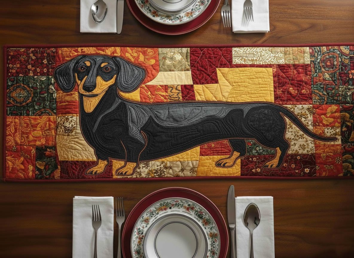 Black Dachshund on Red Blocks Table Runner