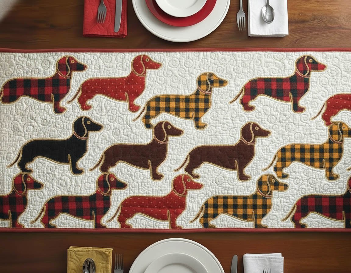 Checkered Dachshunds on White Table Runner