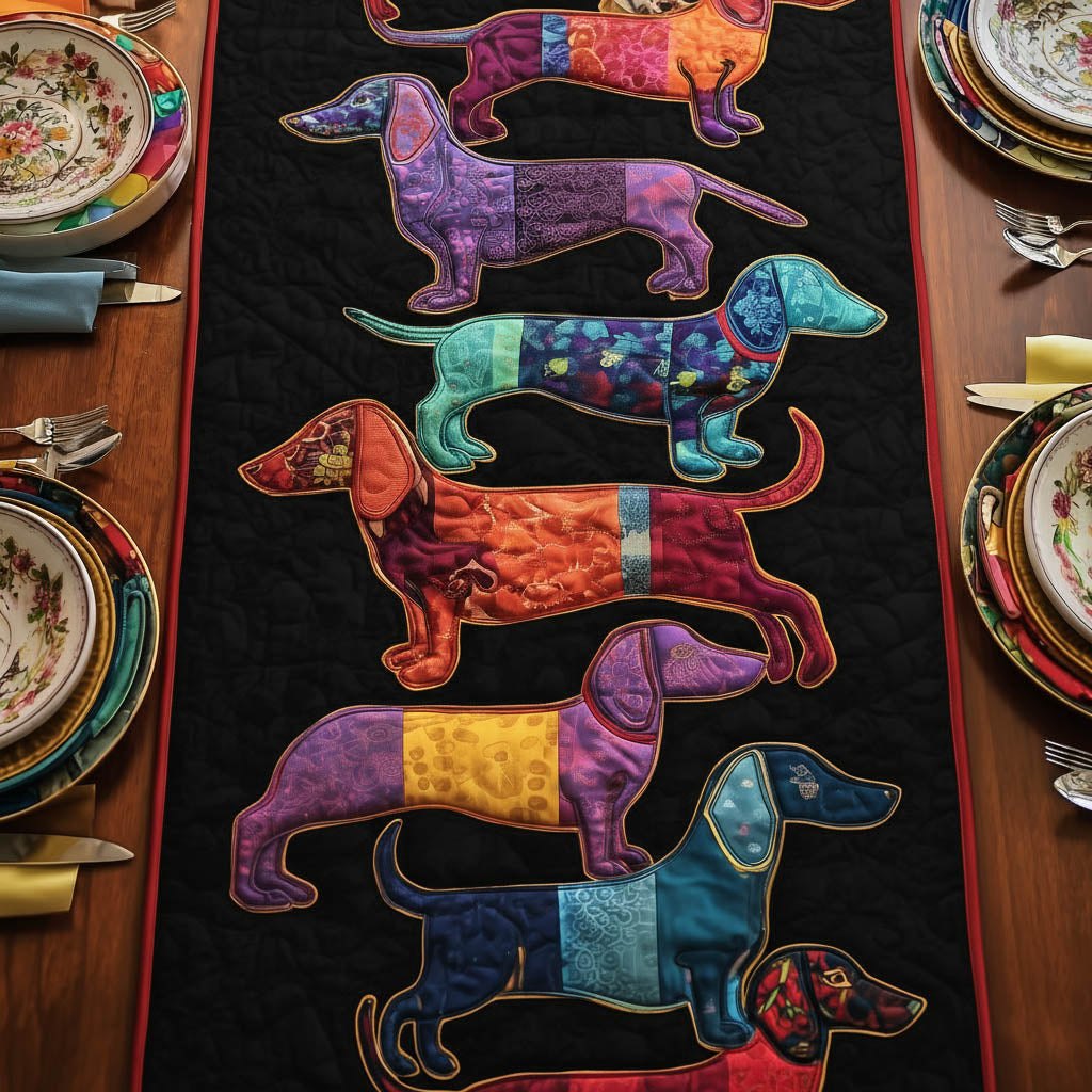 Rainbow Dachshunds on Black Table Runner