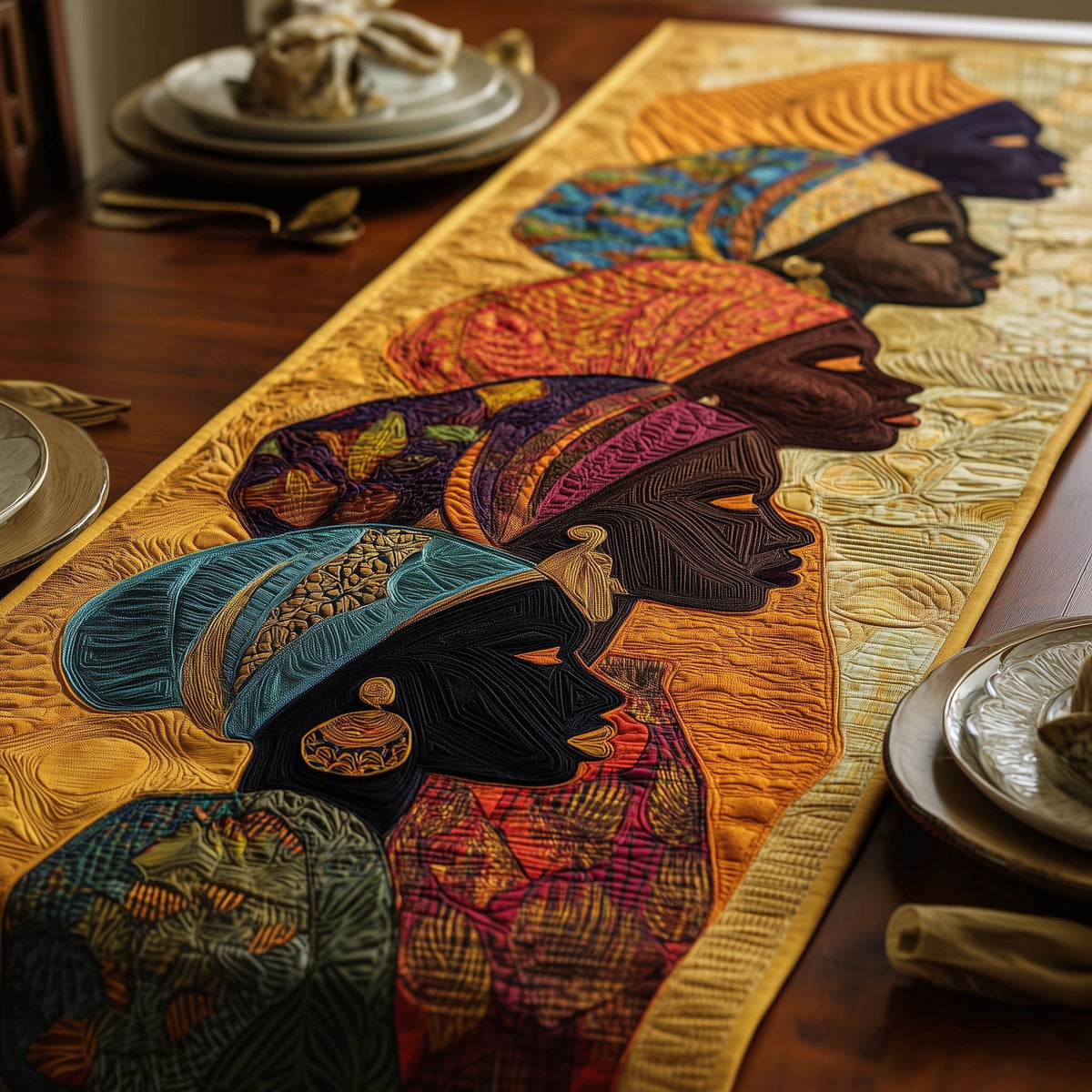 Women in Headwraps on Warm Tones Table Runner