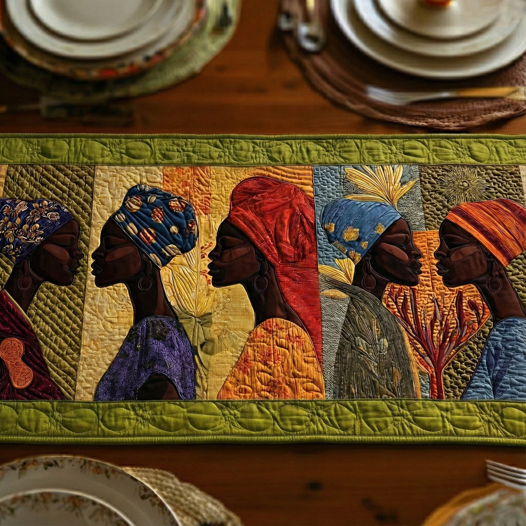 Women in Headwraps on Green Border Table Runner
