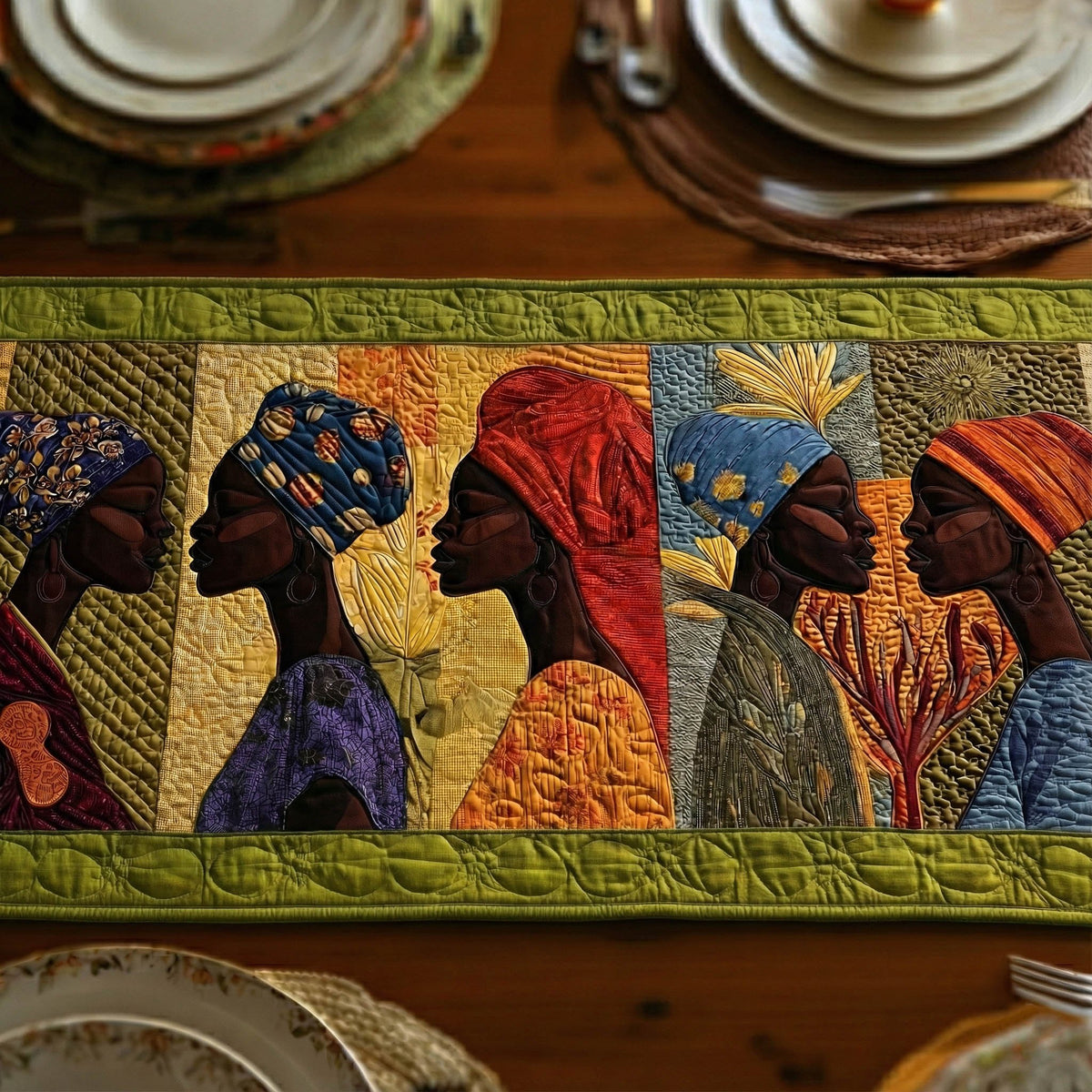 Women in Headwraps on Green Border Table Runner