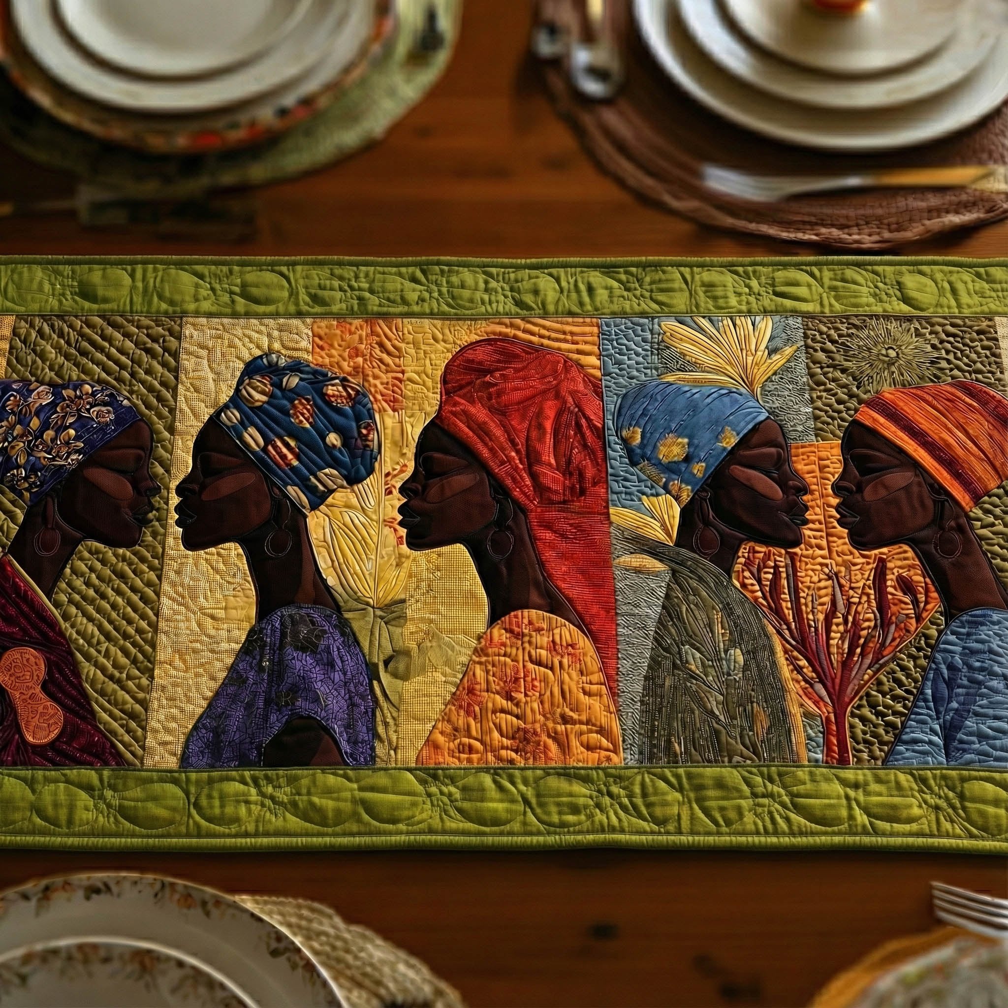 Women in Headwraps on Green Border Table Runner