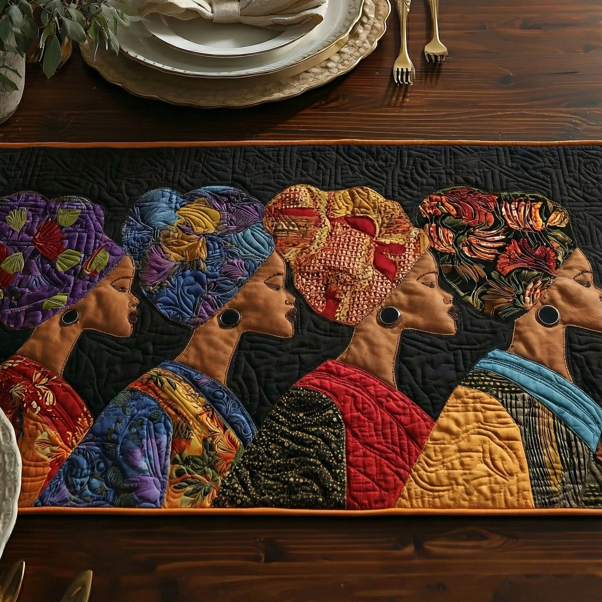 Profiles with Patterned Turbans Table Runner