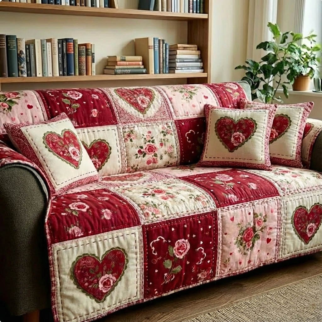 Hearts on the Rose Print Patchwork Sofa Cover