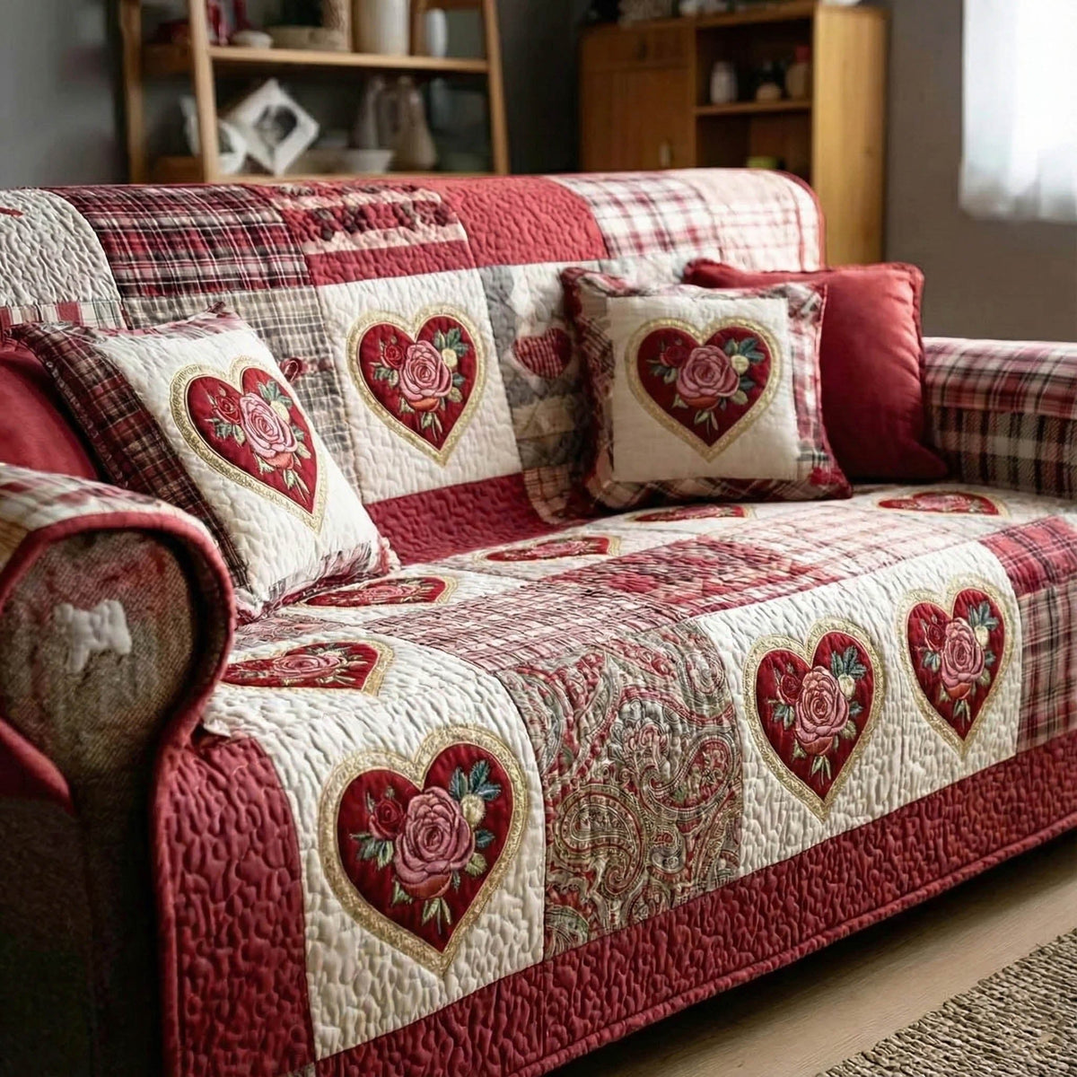 Rose Filled Hearts on Crimson Blocks Sofa Cover