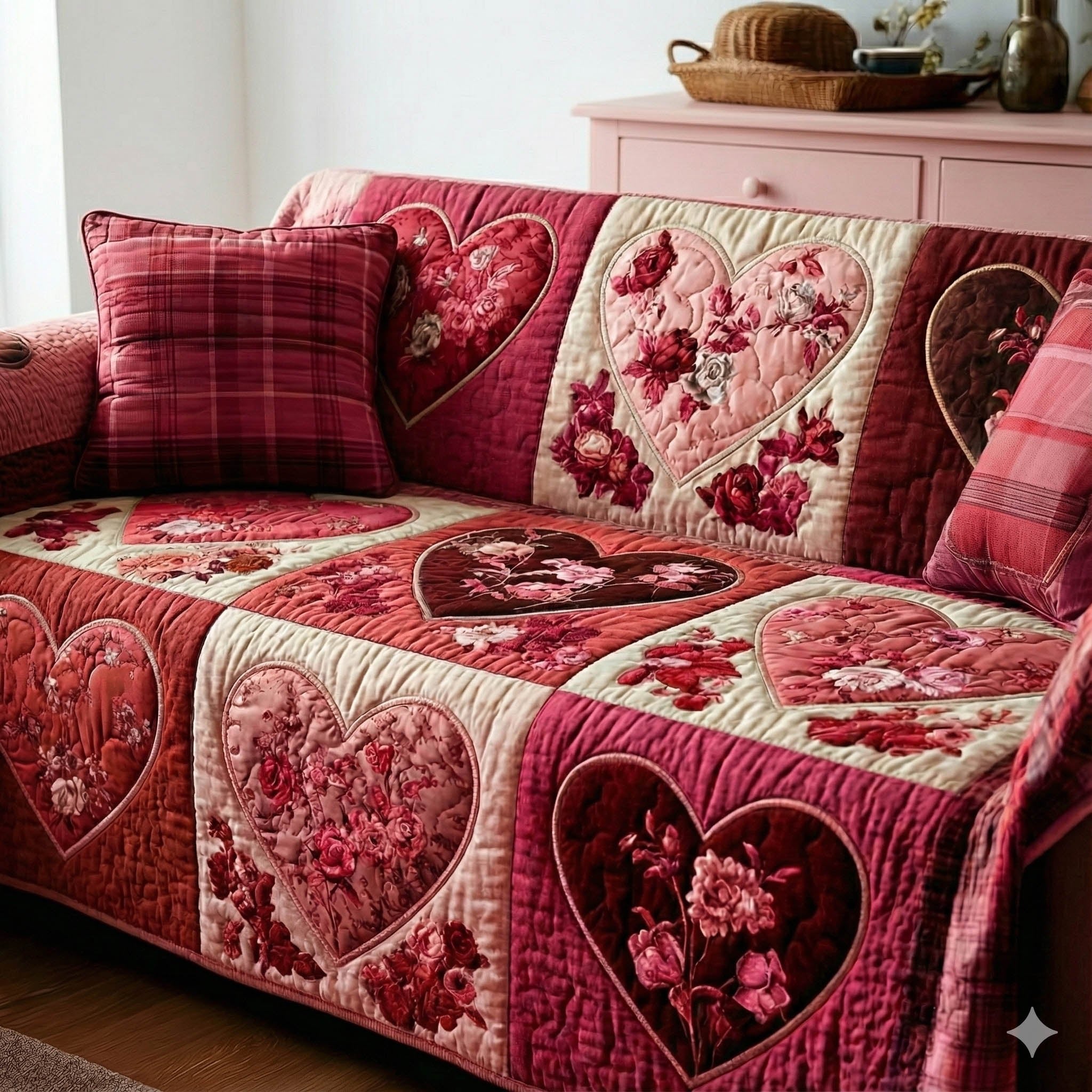 Hearts on Deep Pink Floral Velvet Sofa Cover