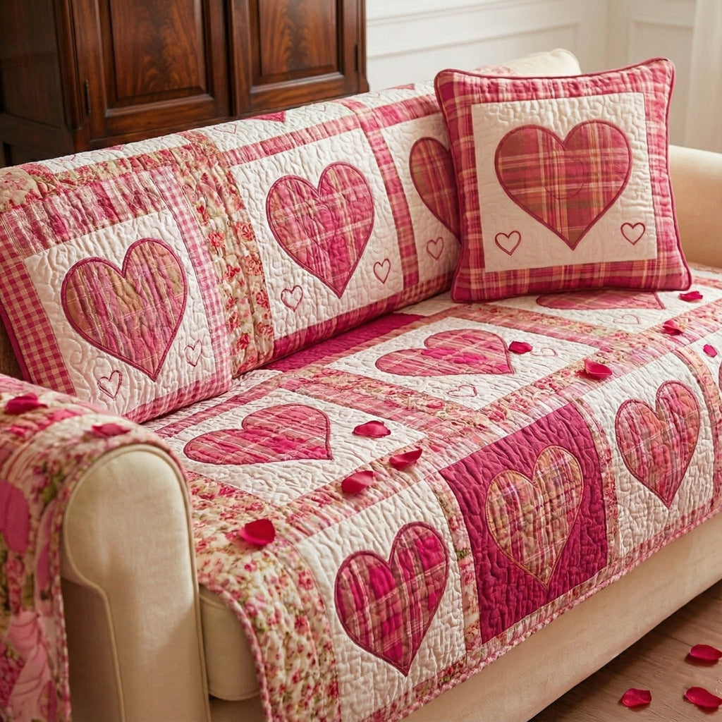 Soft Pink Hearts on Blush Squares Sofa Cover