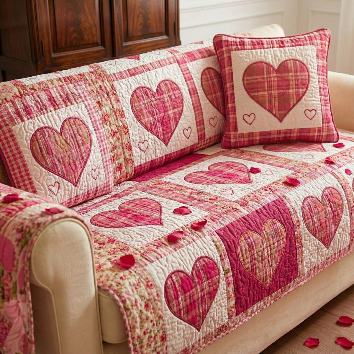 Soft Pink Hearts on Blush Squares Sofa Cover