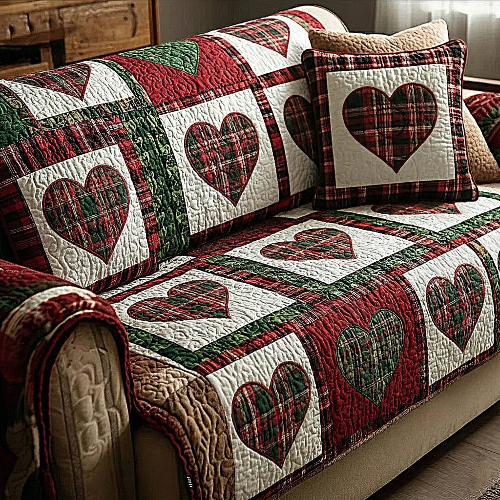 Hearts on Green and Red Plaid Sofa Cover