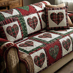 Hearts on Green and Red Plaid Sofa Cover