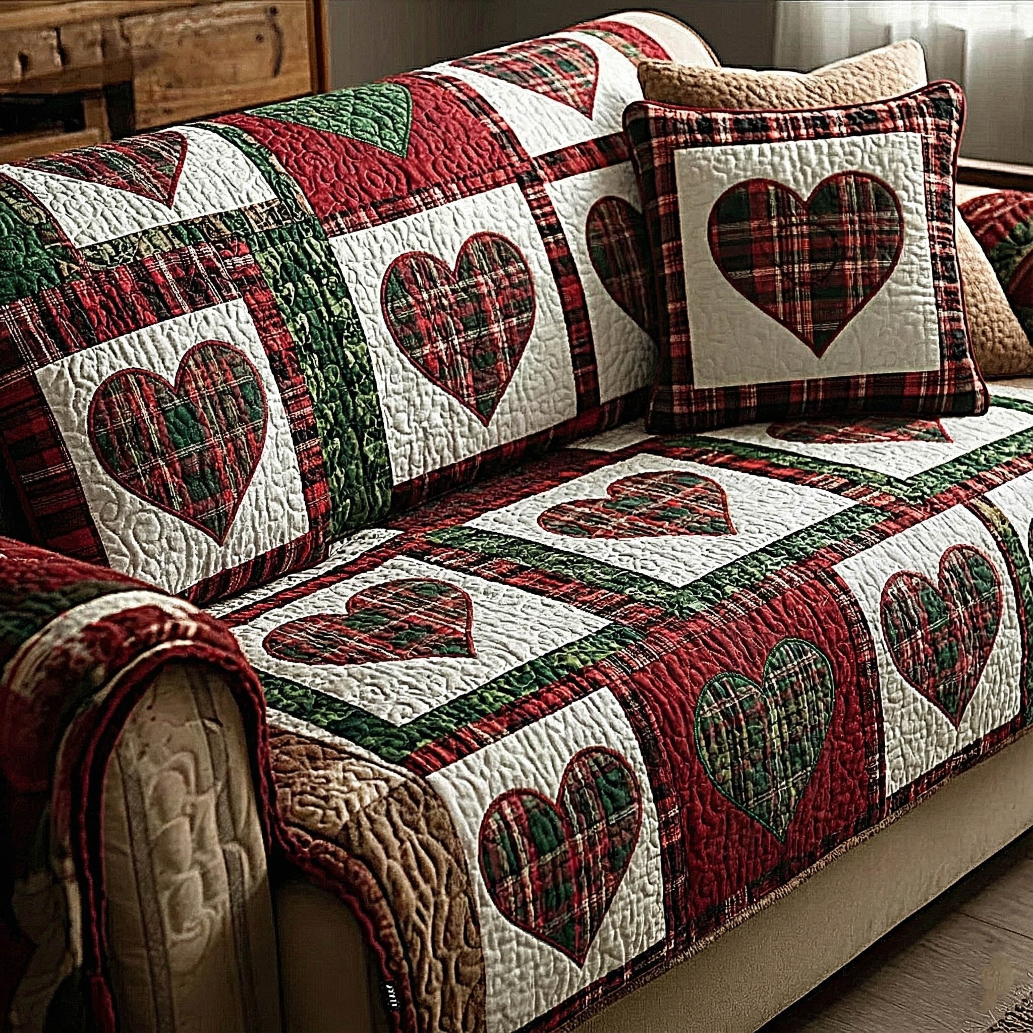 Hearts on Green and Red Plaid Sofa Cover