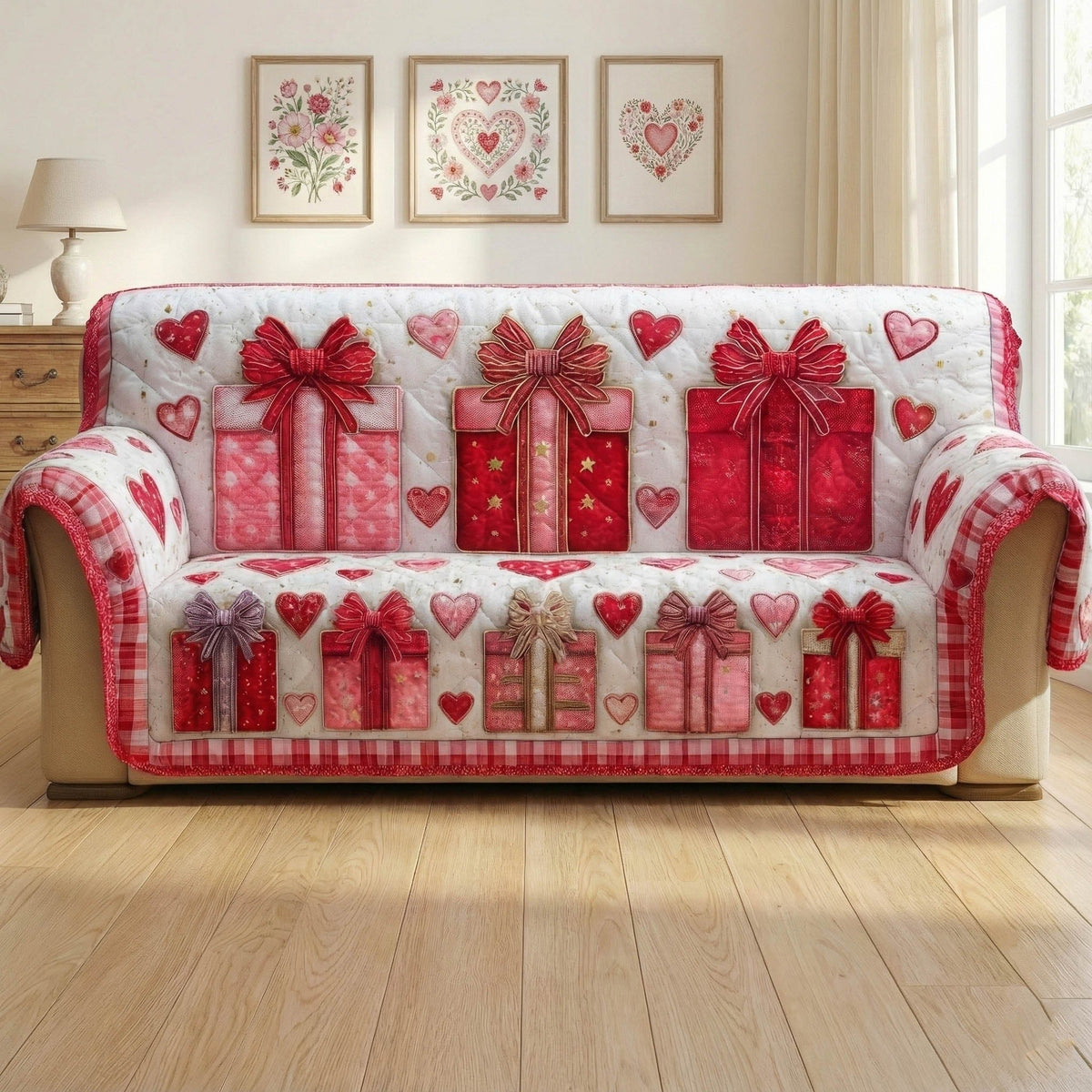 Red Gift Boxes on White Gingham Sofa Cover
