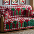 Green and Red Gifts on Plaid Sofa Cover