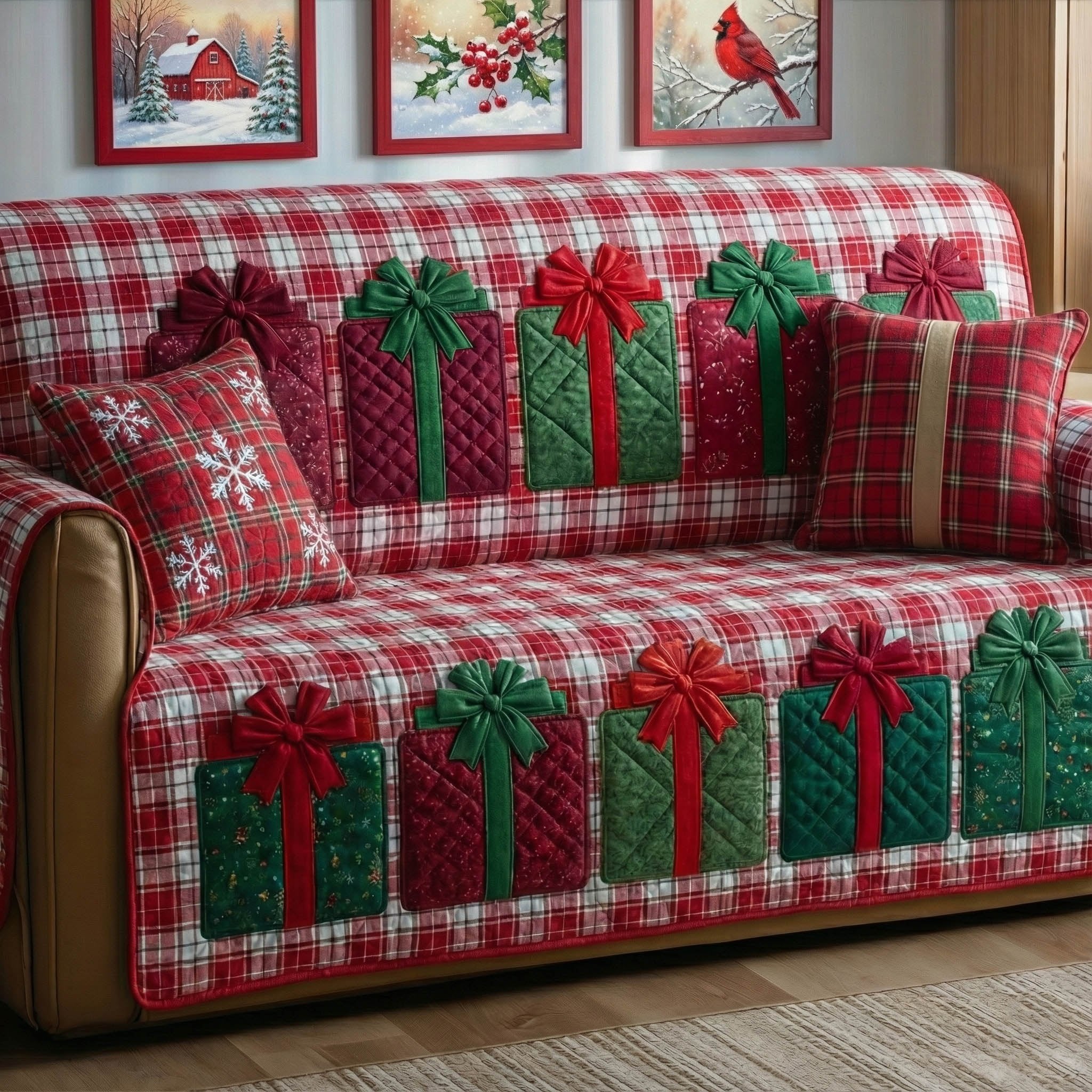 Green and Red Gifts on Plaid Sofa Cover