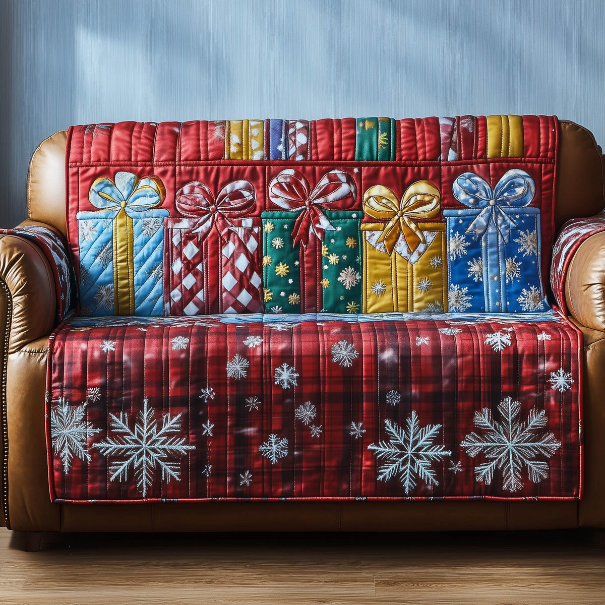 Bright Gifts on Red Plaid and Snowflakes Sofa Cover