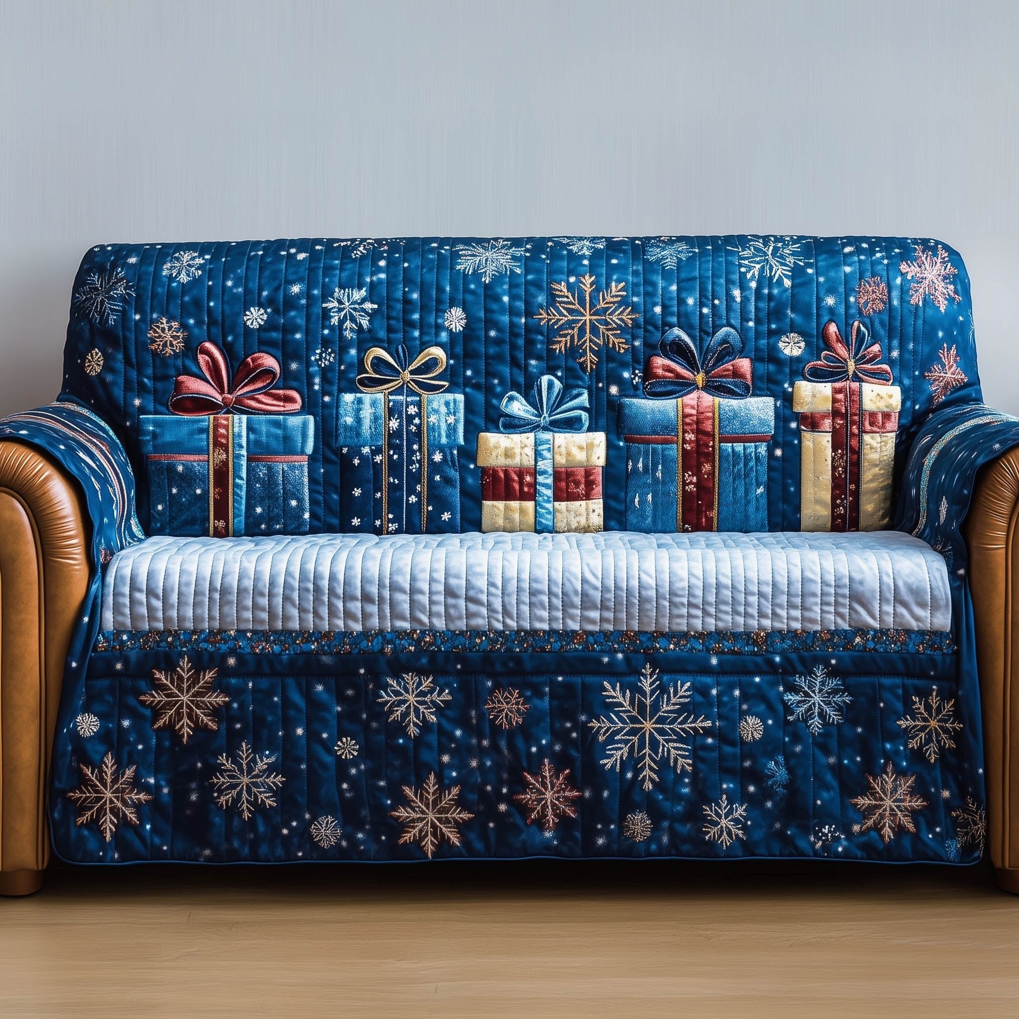 Blue Gifts Among the Snowflakes Sofa Cover
