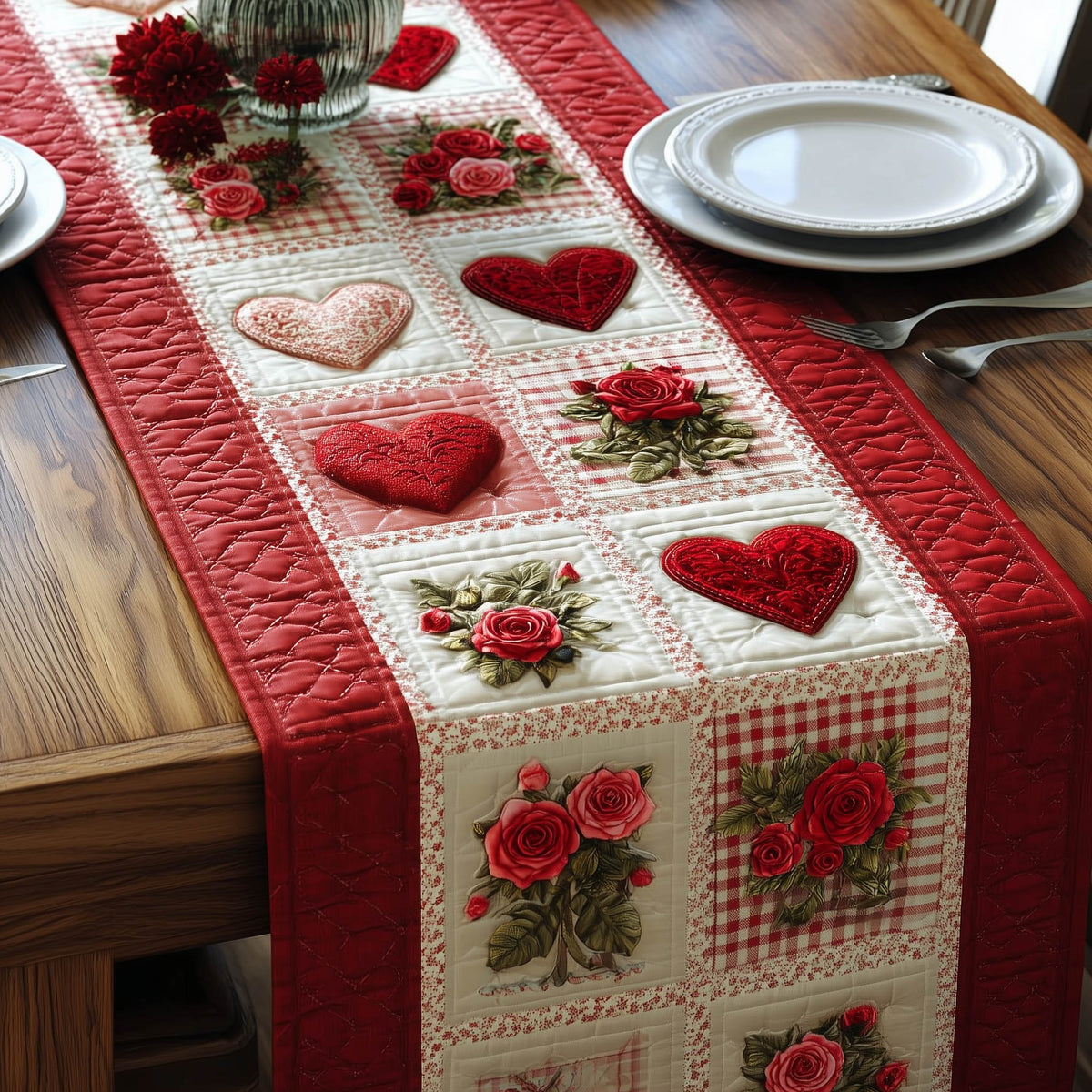 Red Hearts and Roses on Gingham Table Runner