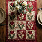 Roses and Tulips in Red Squares Table Runner