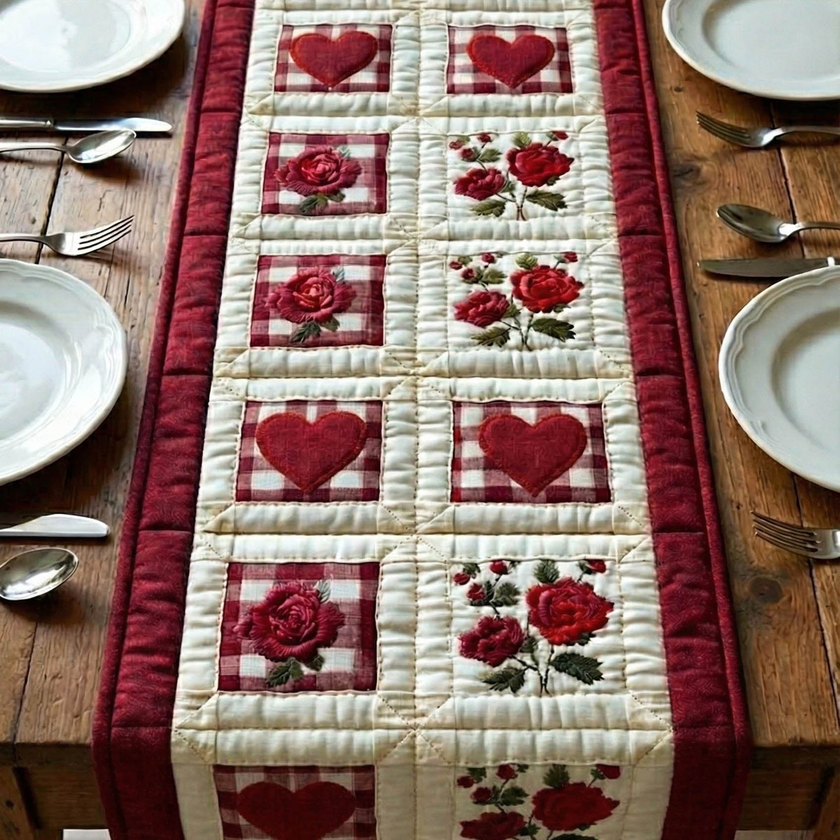 Red Roses and Hearts in Blocks Table Runner
